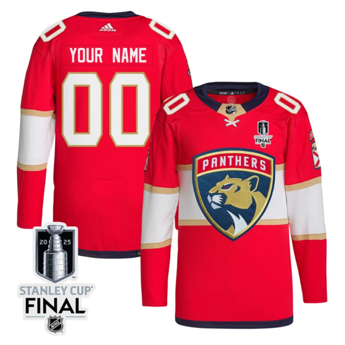 Florida Panthers 2025 STANLEY CUP Final Patch Home Men Custom Jersey Red by Hockey David