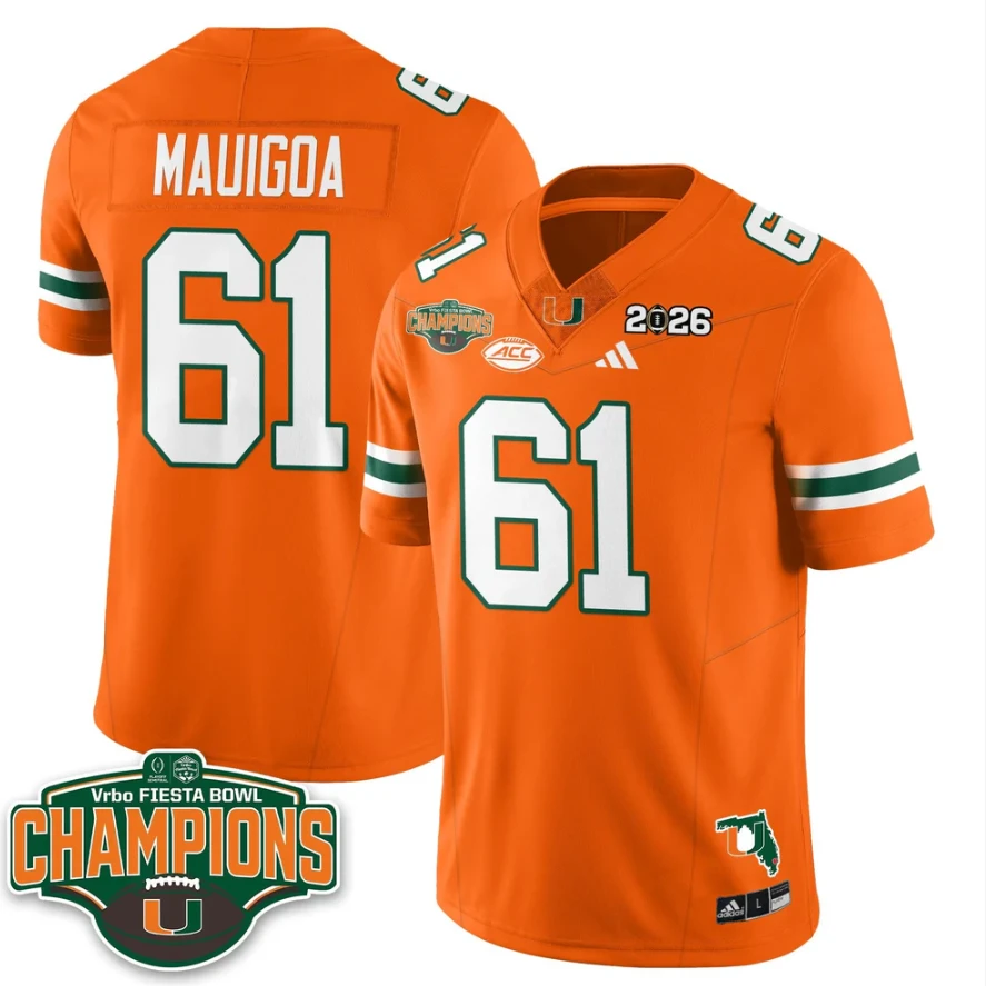 Francis Mauigoa Jersey #61 Miami Hurricanes 2026 Fiesta Bowl Champions Stitched by My Store NCAA Football Jerseys