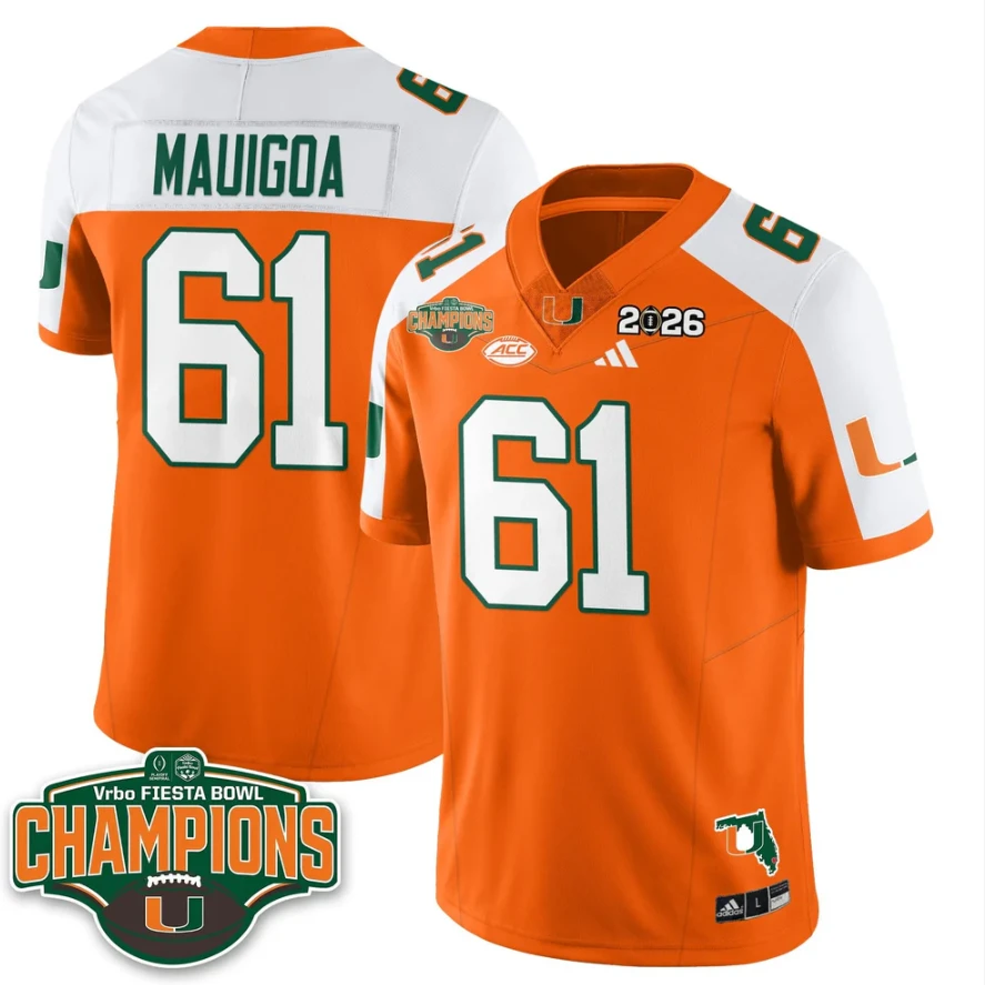 Francis Mauigoa Jersey #61 Miami Hurricanes 2026 Fiesta Bowl Champions Stitched by My Store NCAA Football Jerseys