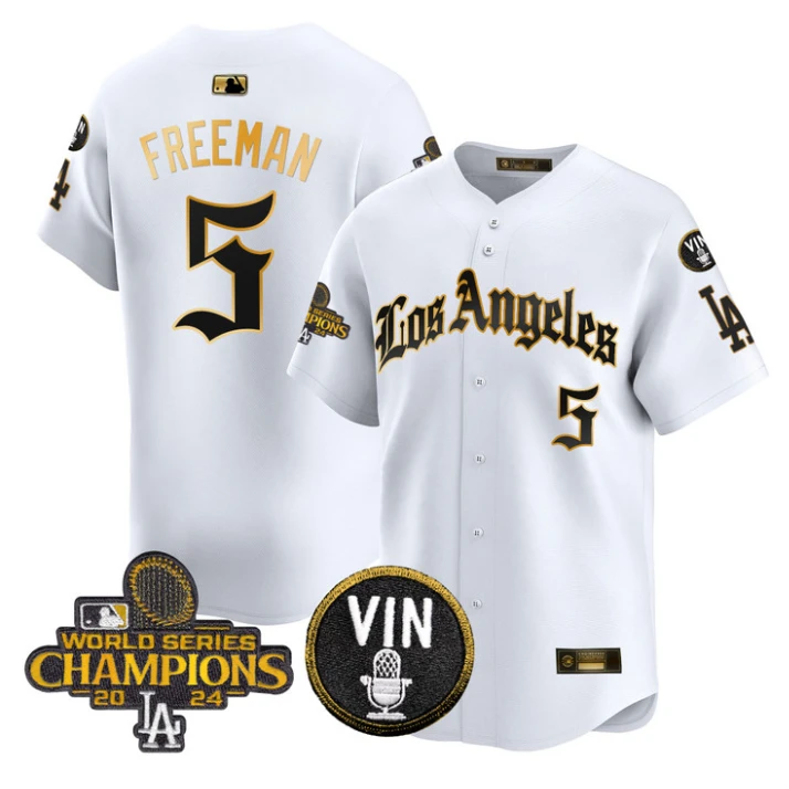Freddie Freeman Jersey #5 Dodgers 2025 LA Gothic Style Stitched White Gold by My Store