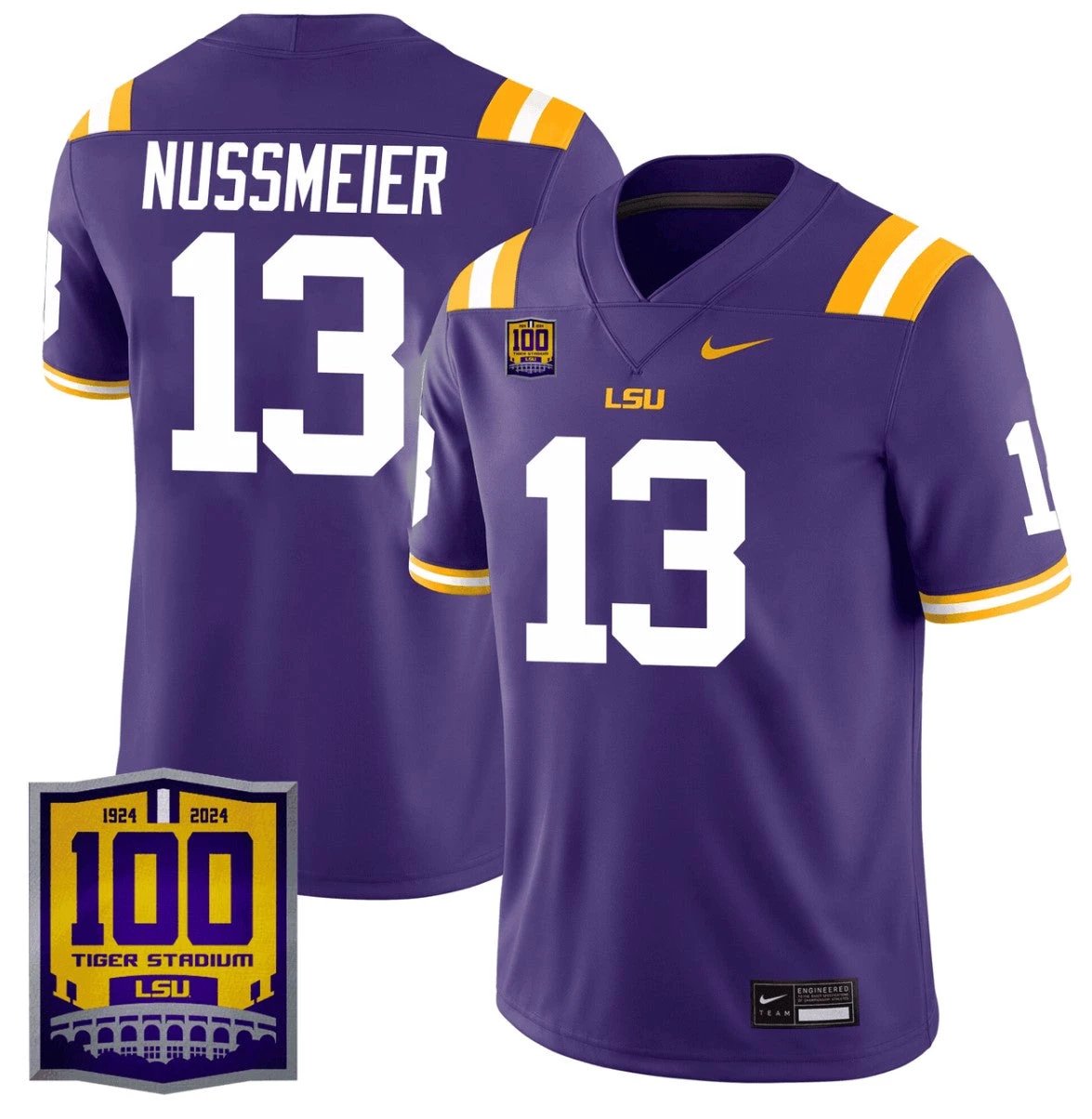 Garrett Nussmeier Jersey #13 LSU Tigers 100 Years of Tiger Stadium Patch Purple by NCAA Football Jersey