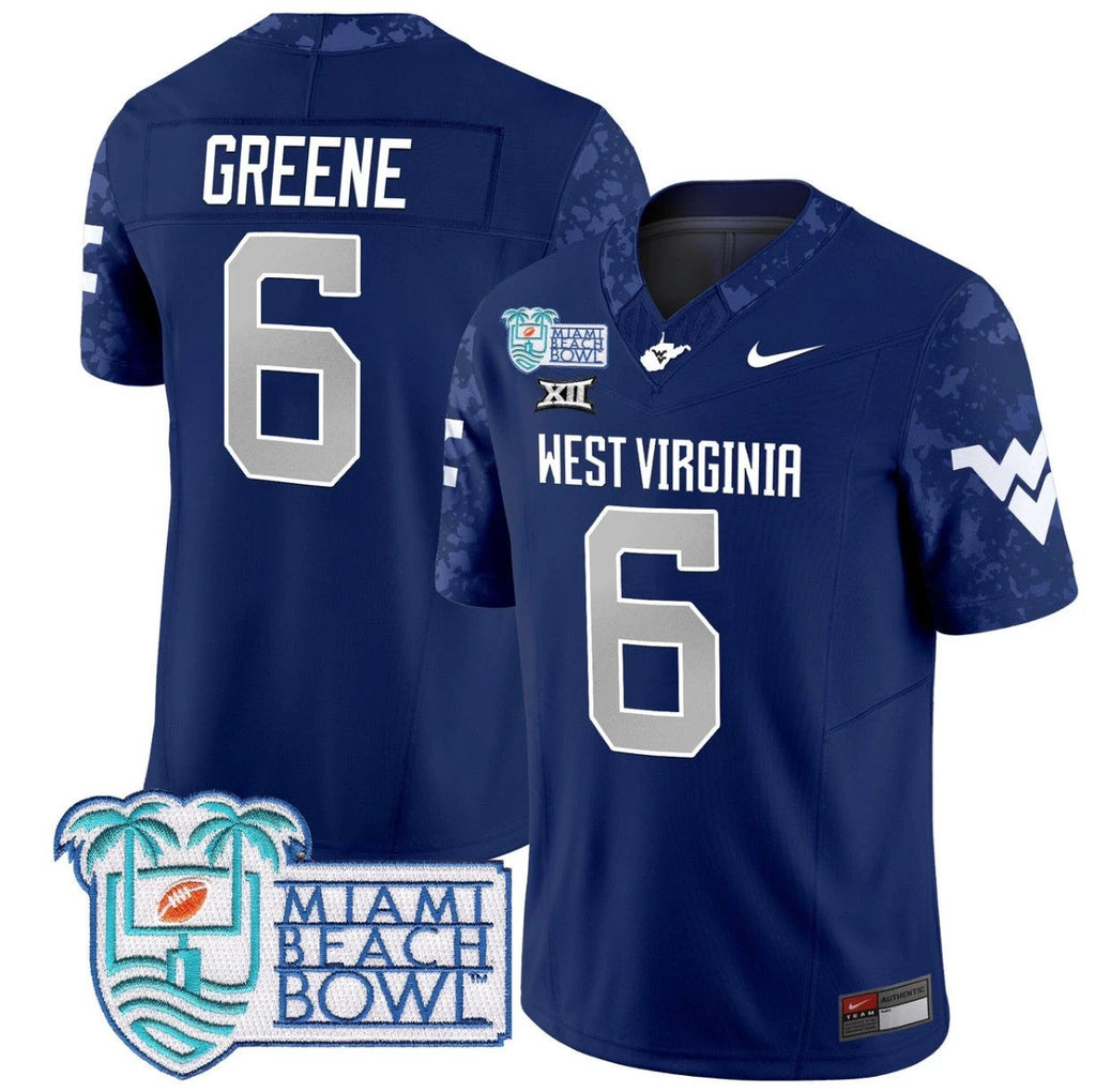 Garrett Greene Jersey #6 West Virginia Mountaineers 2025 Miami Beach Bowl Navy by My Store