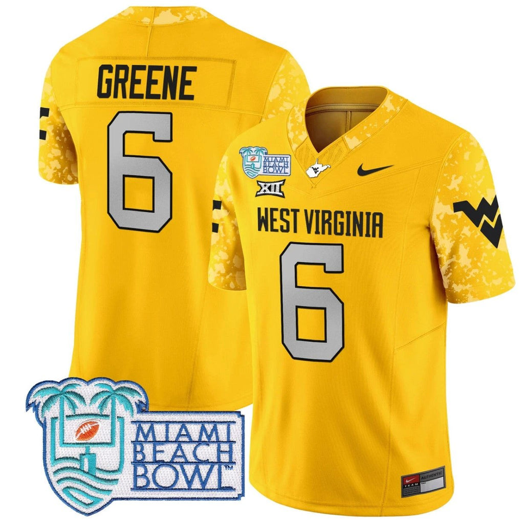 Garrett Greene Jersey #6 West Virginia Mountaineers 2025 Miami Beach Bowl Gold by My Store