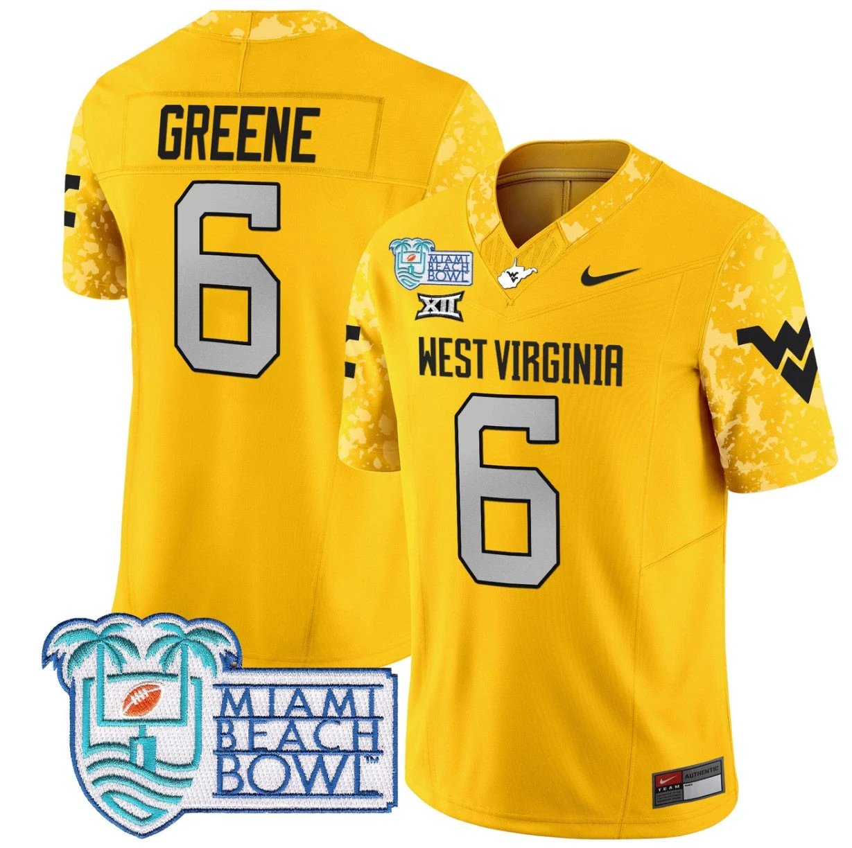Garrett Greene Jersey #6 West Virginia Mountaineers 2025 Miami Beach Bowl Gold by My Store