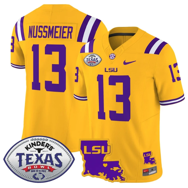 Garrett Nussmeier Jersey #13 LSU Tigers 2024 Texas Bowl Football Stitched Gold by My Store