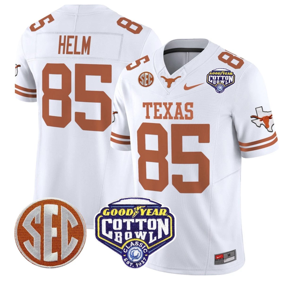 Gunnar Helm Jersey #85 Texas Longhorns Cotton Bowl Patch Stitched White by NCAA Football Jersey