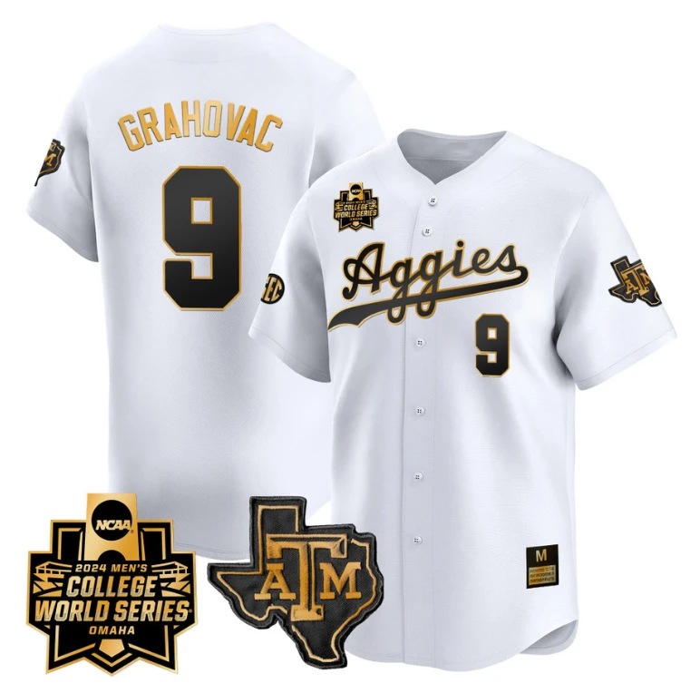 Gavin Grahovac Jersey #9 Texas AM Aggies 2024 College World Series Vapor Premier Limited NCAA Baseball Stitched White Gold by My Store