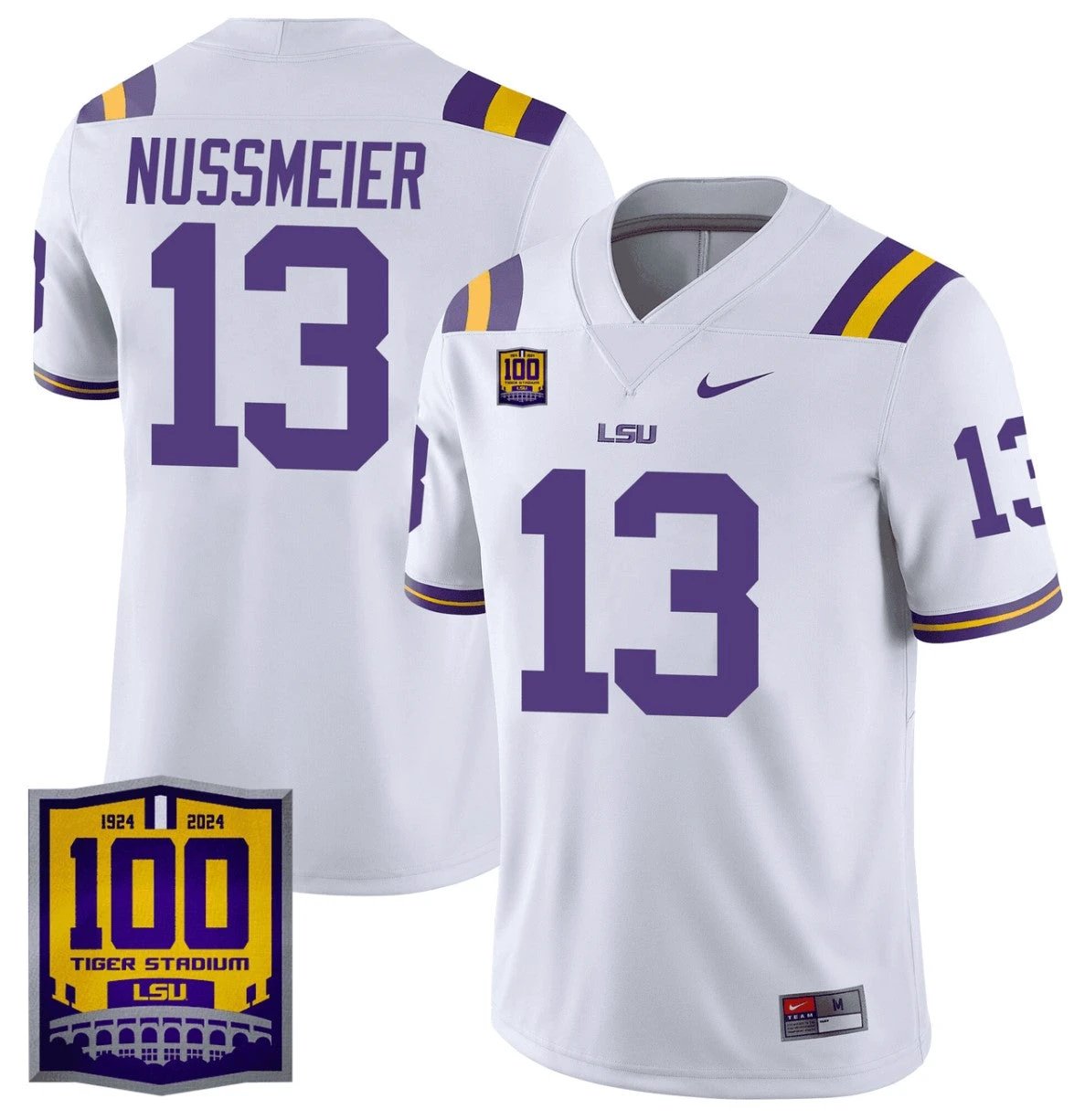 Garrett Nussmeier Jersey #13 LSU Tigers 100 Years of Tiger Stadium Patch White by NCAA Football Jersey