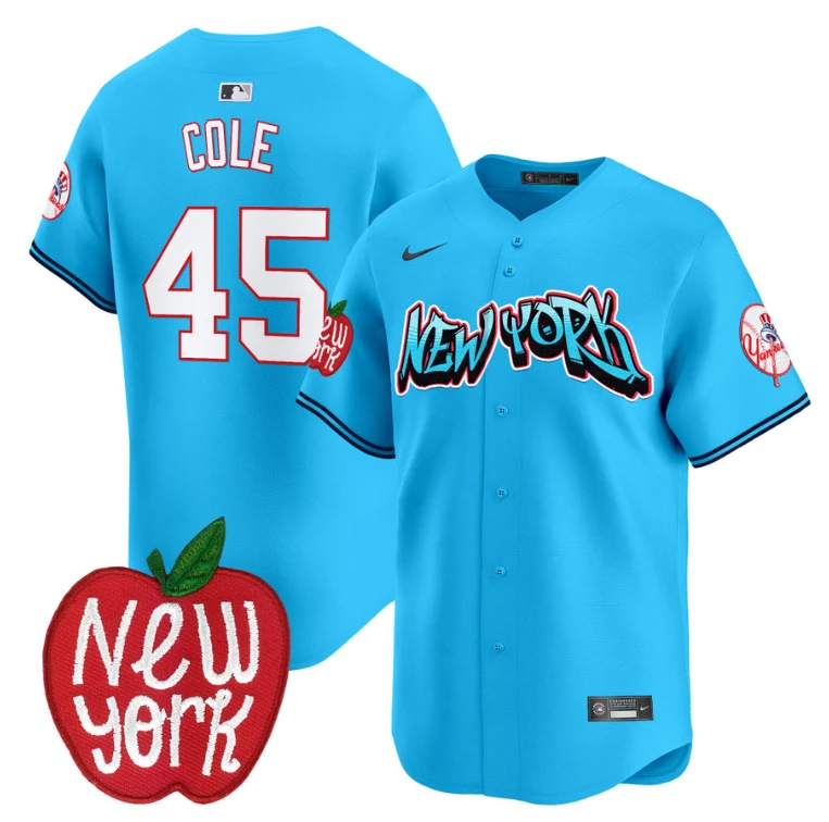 Gerrit Cole Jersey #45 New York Yankees Apple Patch Vapor Premier Limited Stitched Light Blue by My Store