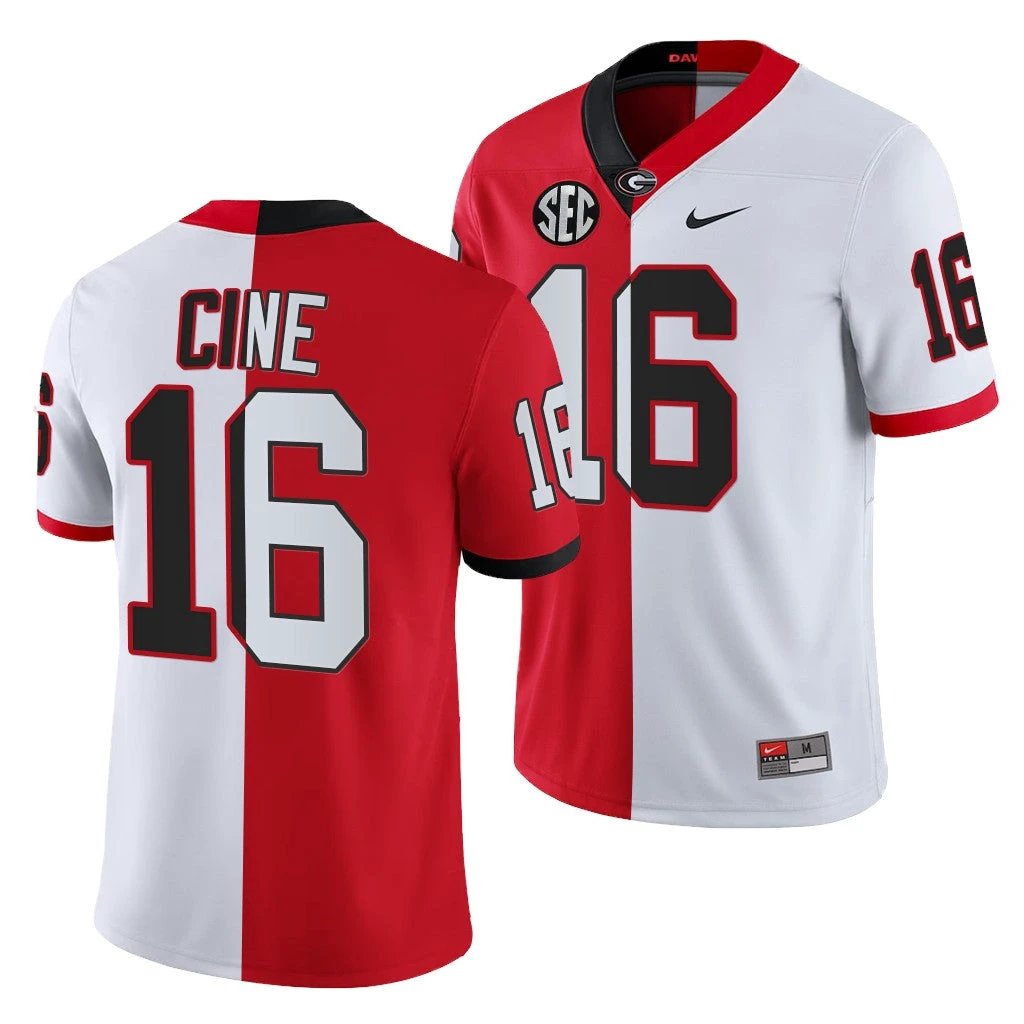 Georgia Bulldogs #16 Lewis Cine Red White 2021-22 Split Edition College Football Jersey by My Store