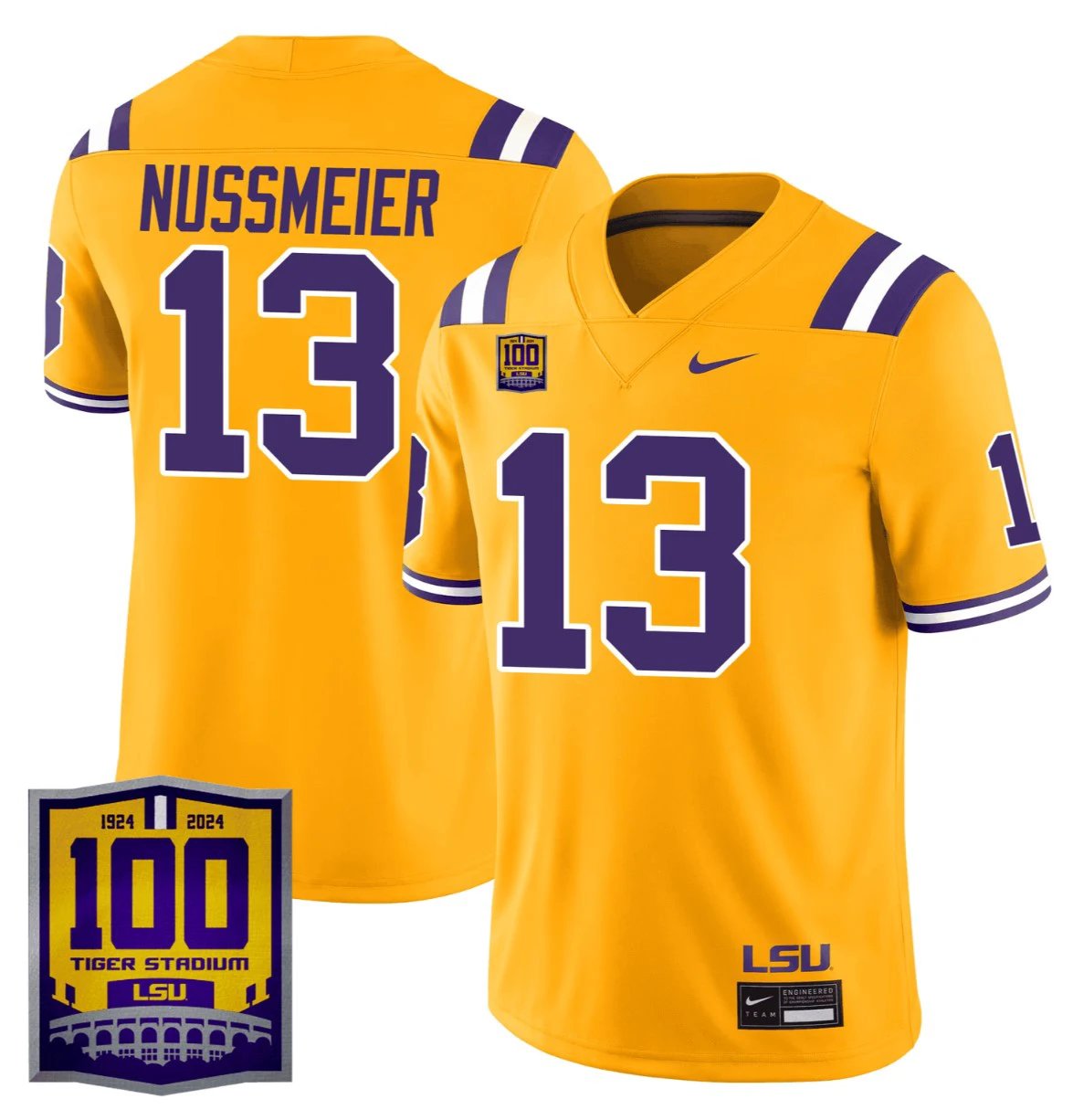 Garrett Nussmeier Jersey #13 LSU Tigers 100 Years of Tiger Stadium Patch Gold by NCAA Football Jersey
