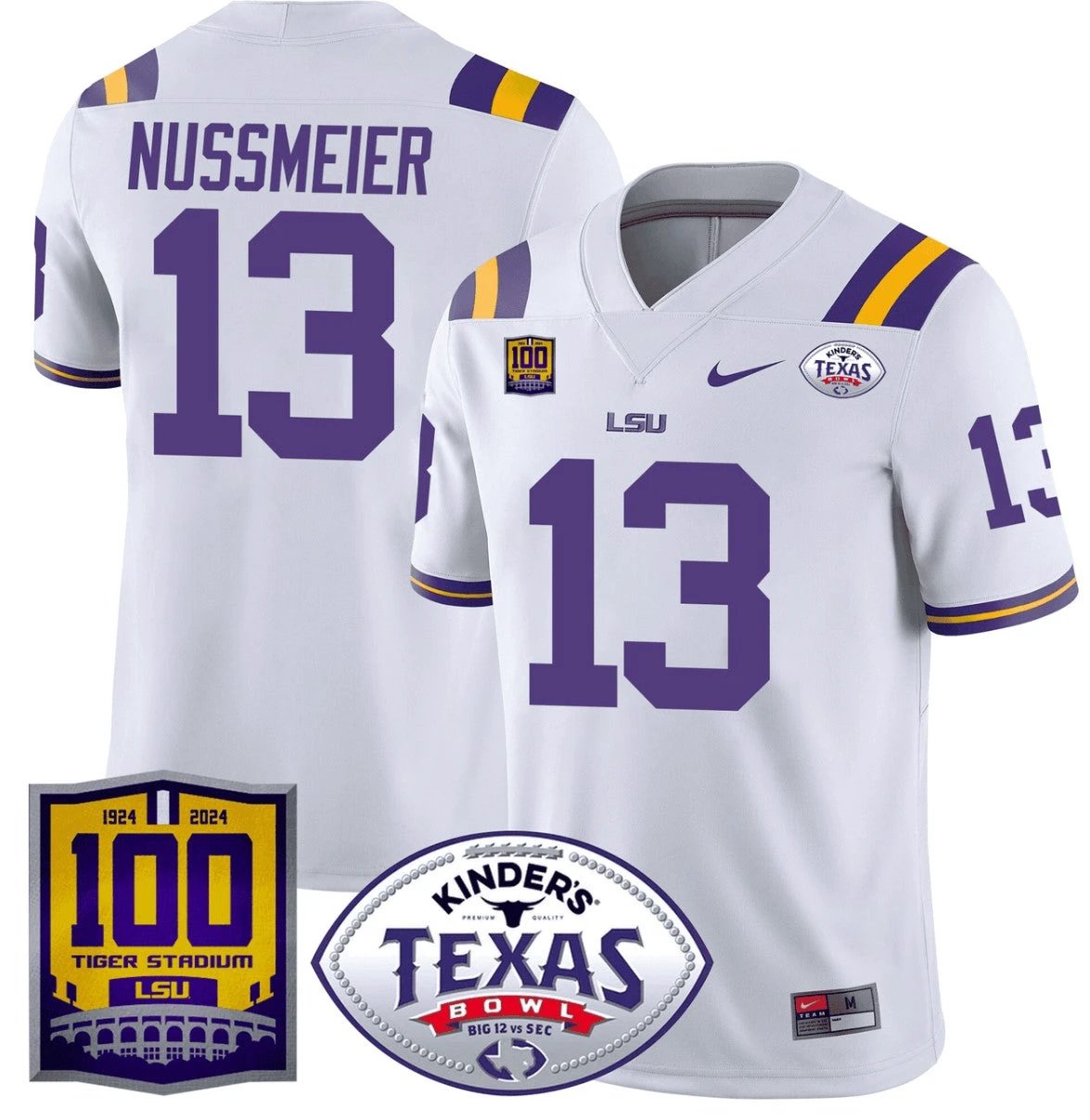 Garrett Nussmeier Jersey #13 LSU Tigers Texas Bowl Patch Football White by NCAA Football Jersey