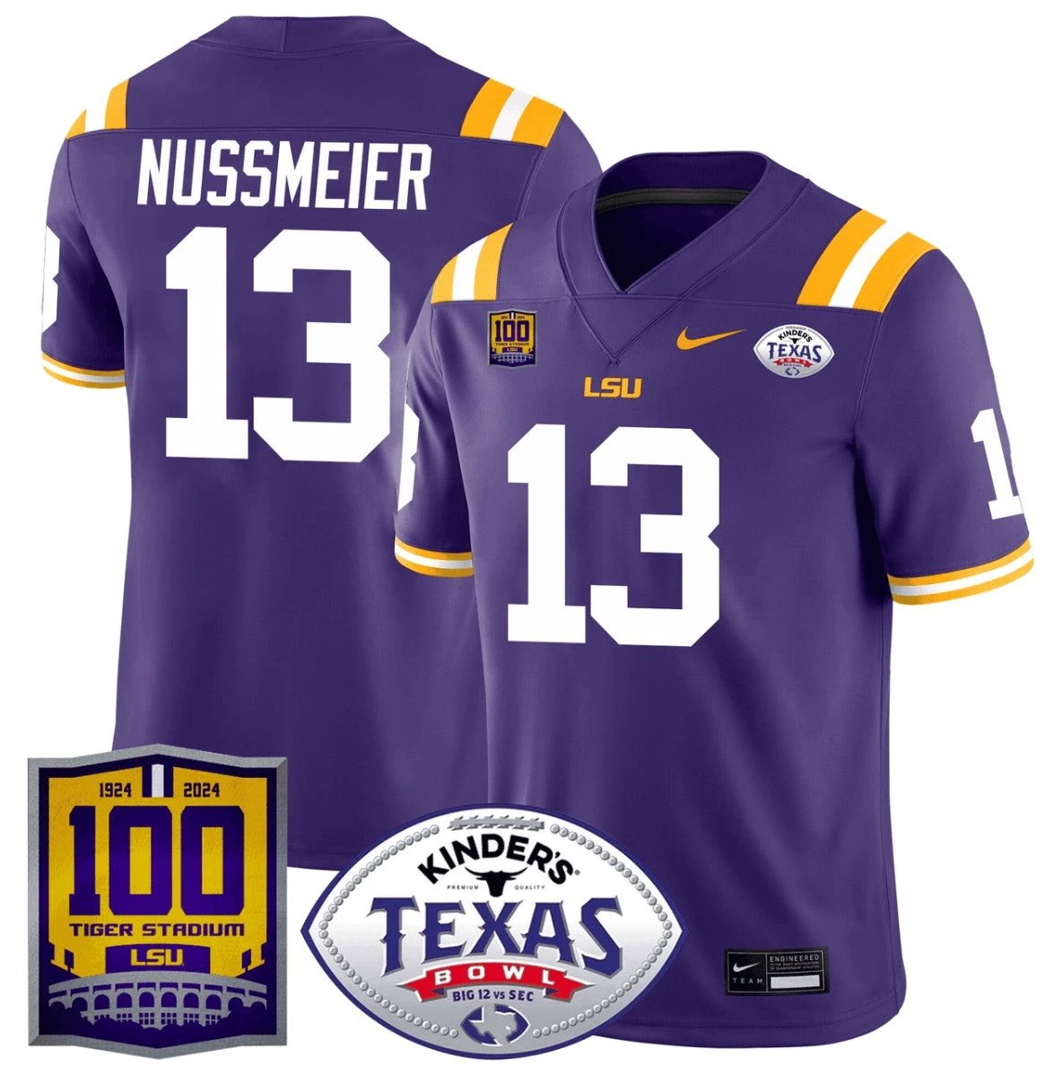 Garrett Nussmeier Jersey #13 LSU Tigers Texas Bowl Patch Football Purple by NCAA Football Jersey