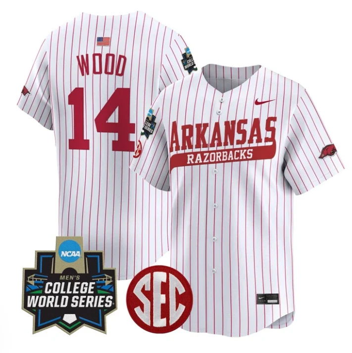 Gage Wood Jersey #14 Arkansas Razorbacks 2025 World Series Stitched Pinstripe by My Store