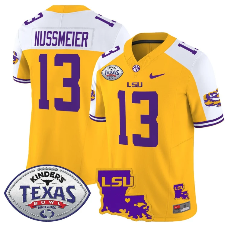 Garrett Nussmeier Jersey #13 LSU Tigers 2024 Texas Bowl Football Gold Alternate by My Store