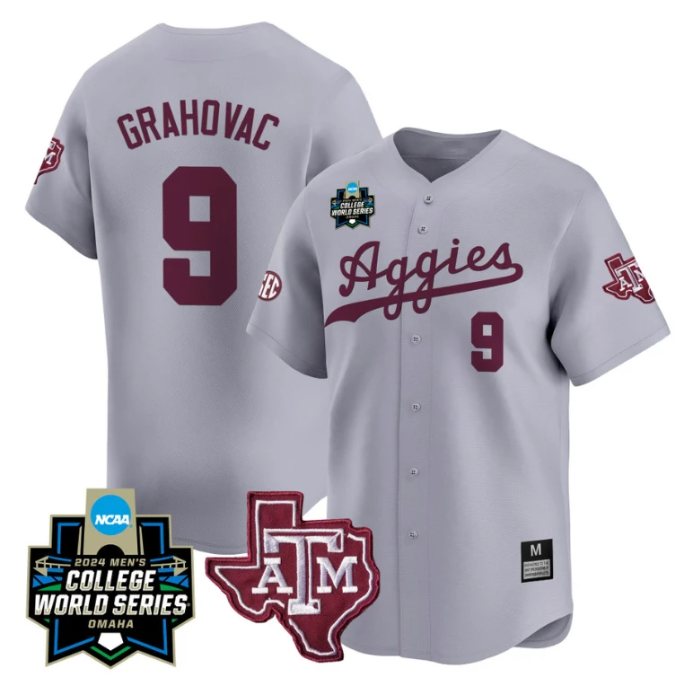Gavin Grahovac Jersey #9 Texas AM Aggies 2024 College World Series Vapor Premier Limited NCAA Baseball Stitched Gray by My Store