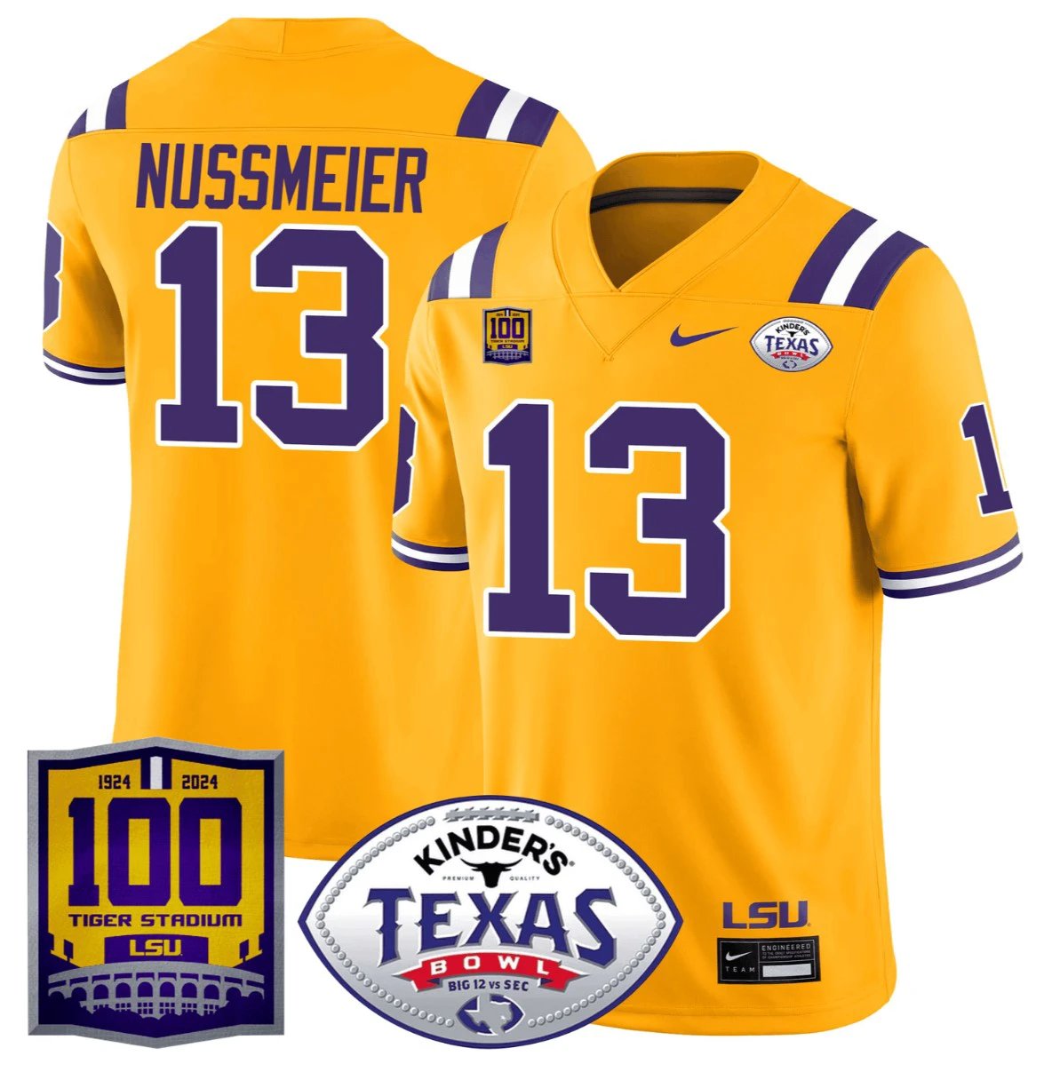 Garrett Nussmeier Jersey #13 LSU Tigers Texas Bowl Patch Football Gold by NCAA Football Jersey