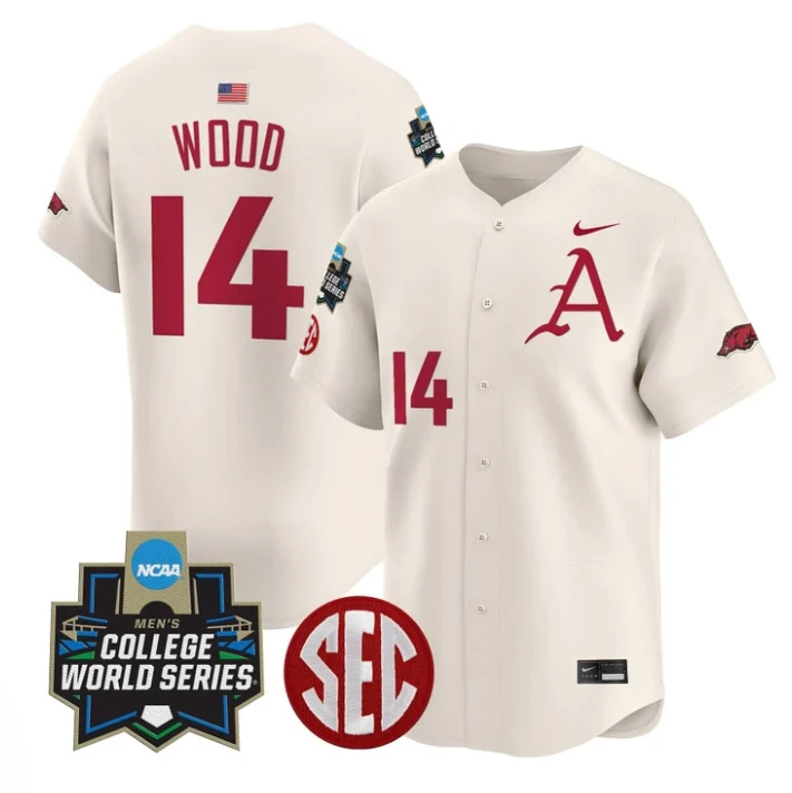 Gage Wood Jersey #14 Arkansas Razorbacks 2025 World Series Stitched Cream by My Store