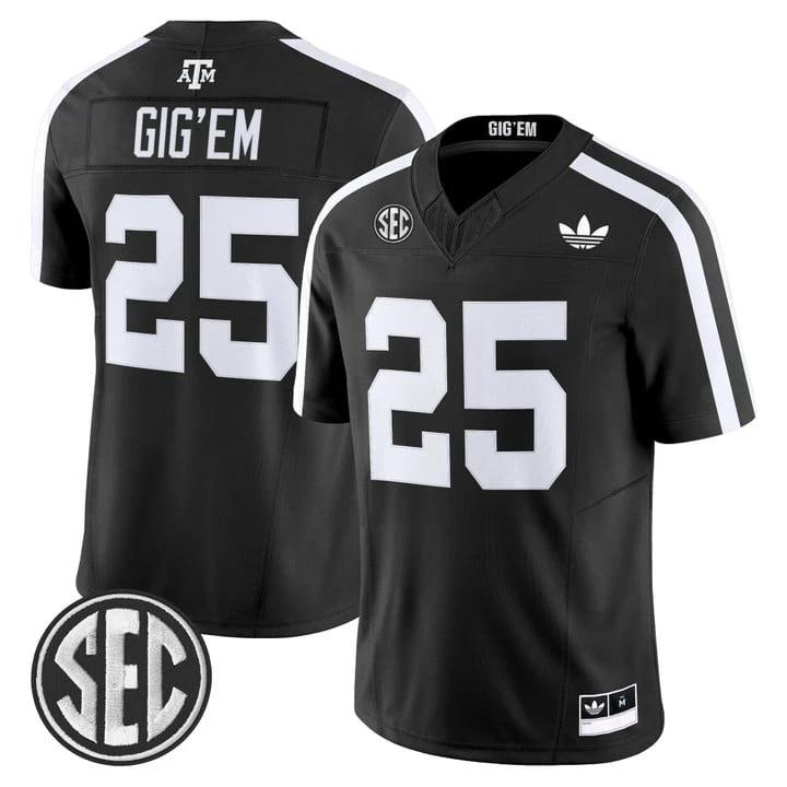 Gig'Em Jersey #25 Texas A&M Aggies 2025 Vapor Limited V2 Stitched Black by NCAA Football Jersey