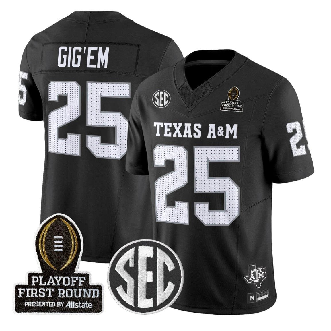 Gig'Em Jersey #25 Texas A&M Aggies 2025 Playoff First Round Stitched by My Store NCAA Football Jerseys