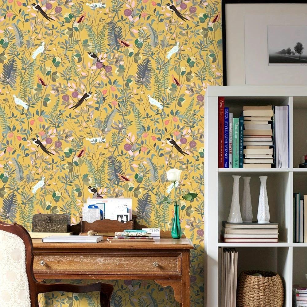 Golden Canopy Bird and Leaf Peelable Wallpaper by Casa & Beyond