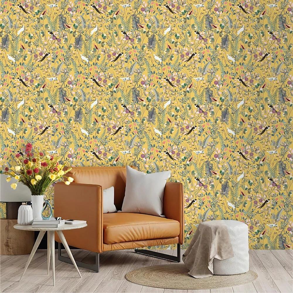 Golden Canopy Bird and Leaf Peelable Wallpaper by Casa & Beyond