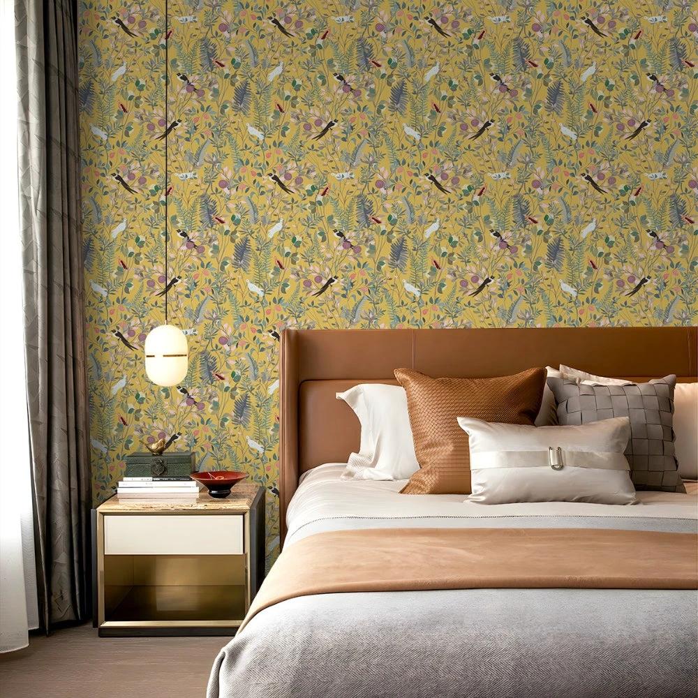 Golden Canopy Bird and Leaf Peelable Wallpaper by Casa & Beyond