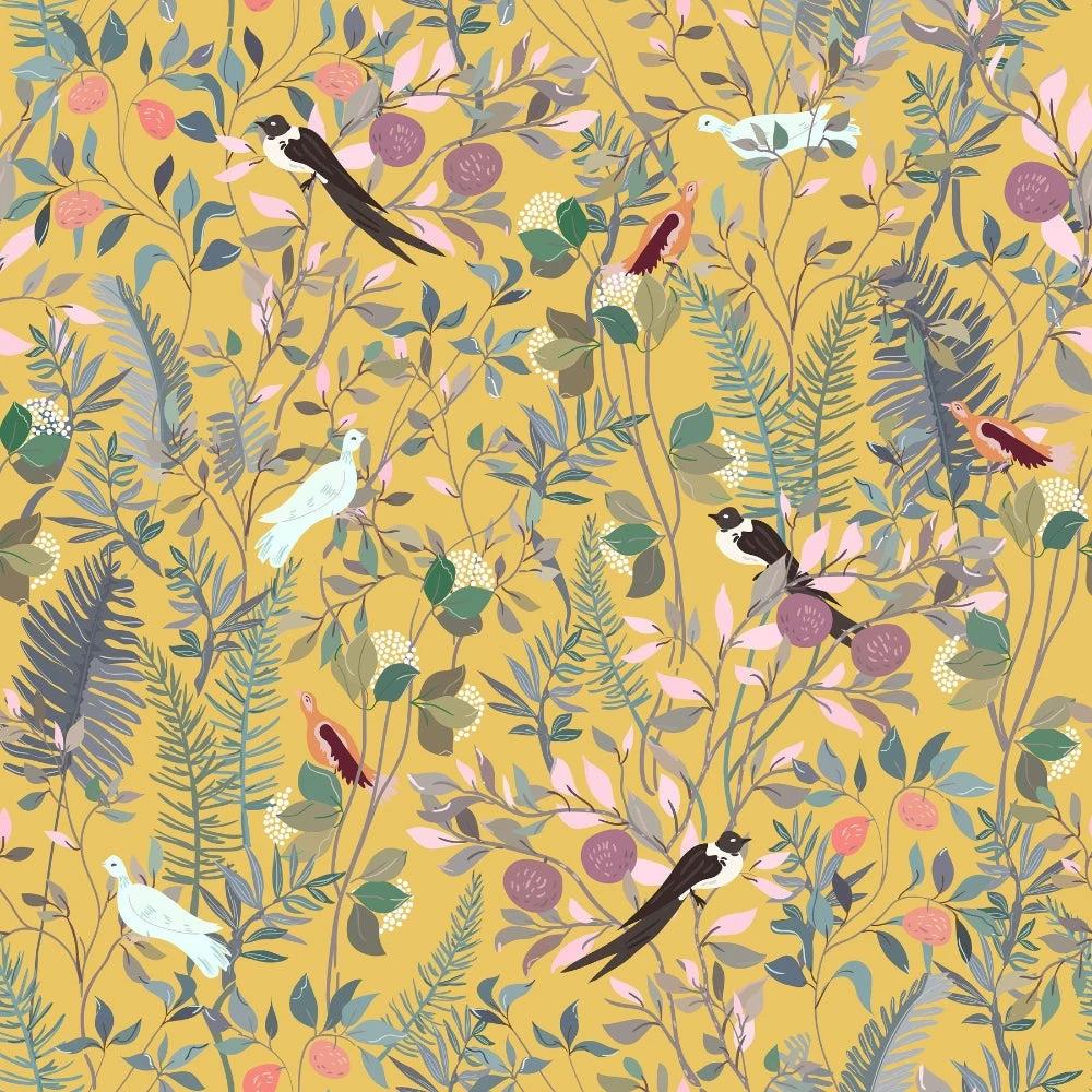 Golden Canopy Bird and Leaf Peelable Wallpaper by Casa & Beyond