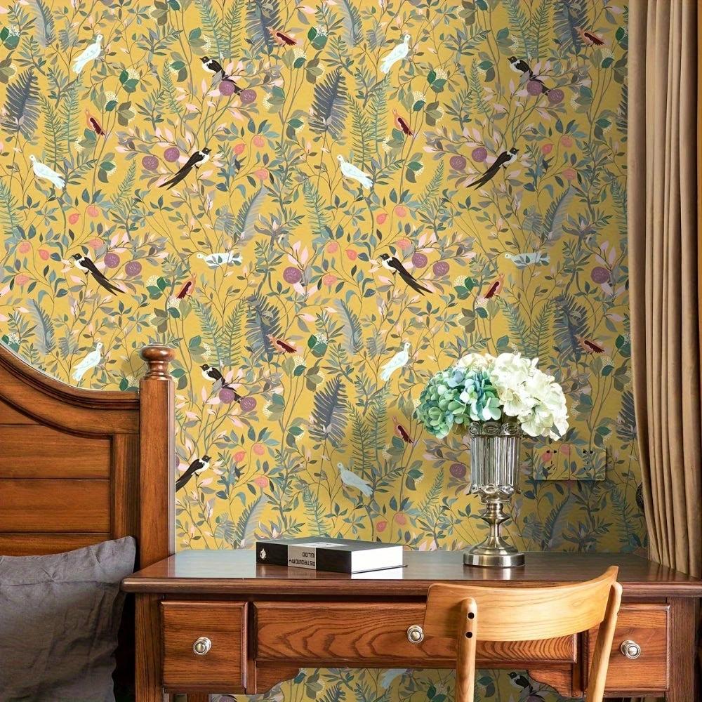 Golden Canopy Bird and Leaf Peelable Wallpaper by Casa & Beyond