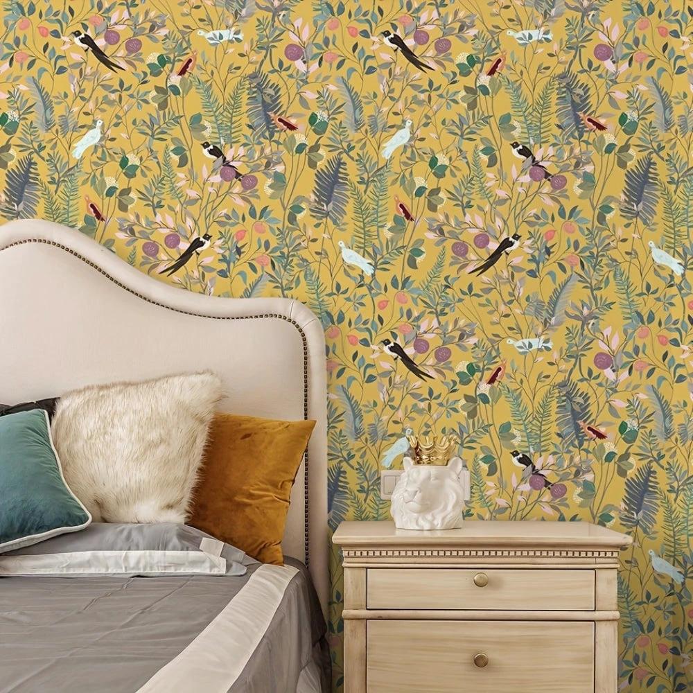 Golden Canopy Bird and Leaf Peelable Wallpaper by Casa & Beyond