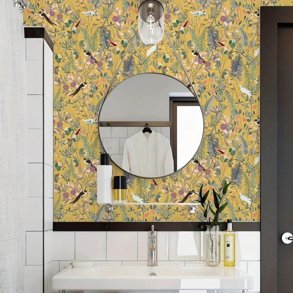 Golden Canopy Bird and Leaf Peelable Wallpaper by Casa & Beyond