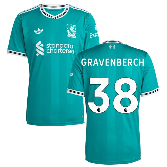 Gravenberch 38 Liverpool 2025-26 Third Match Jersey – Aqua by Soccer Jersey