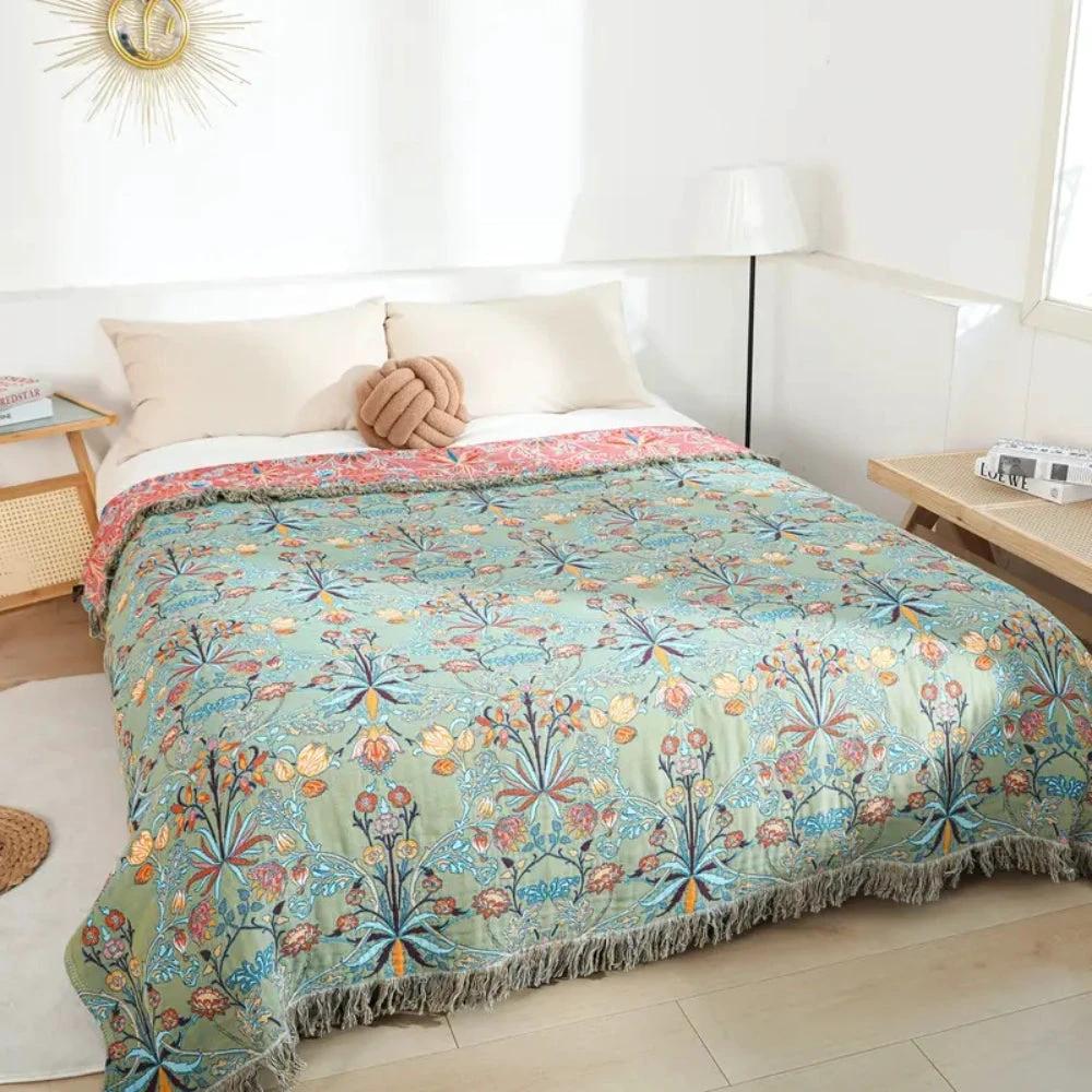 Greenery Floral Cotton Tassel Blanket by Casa & Beyond