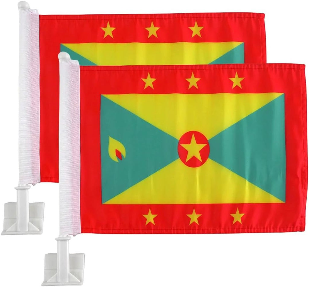 Grenada Flag Car Window Flag of Grenada 11X18 Inch(28x46cm) 100% Polyester, Strong White Flagpole by flagsshop