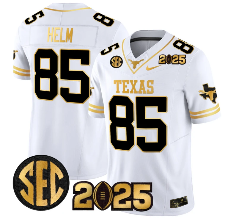 Gunnar Helm Jersey #85 Texas Longhorns 2025 CFP Final Patch White Gold by NCAA Football Jersey