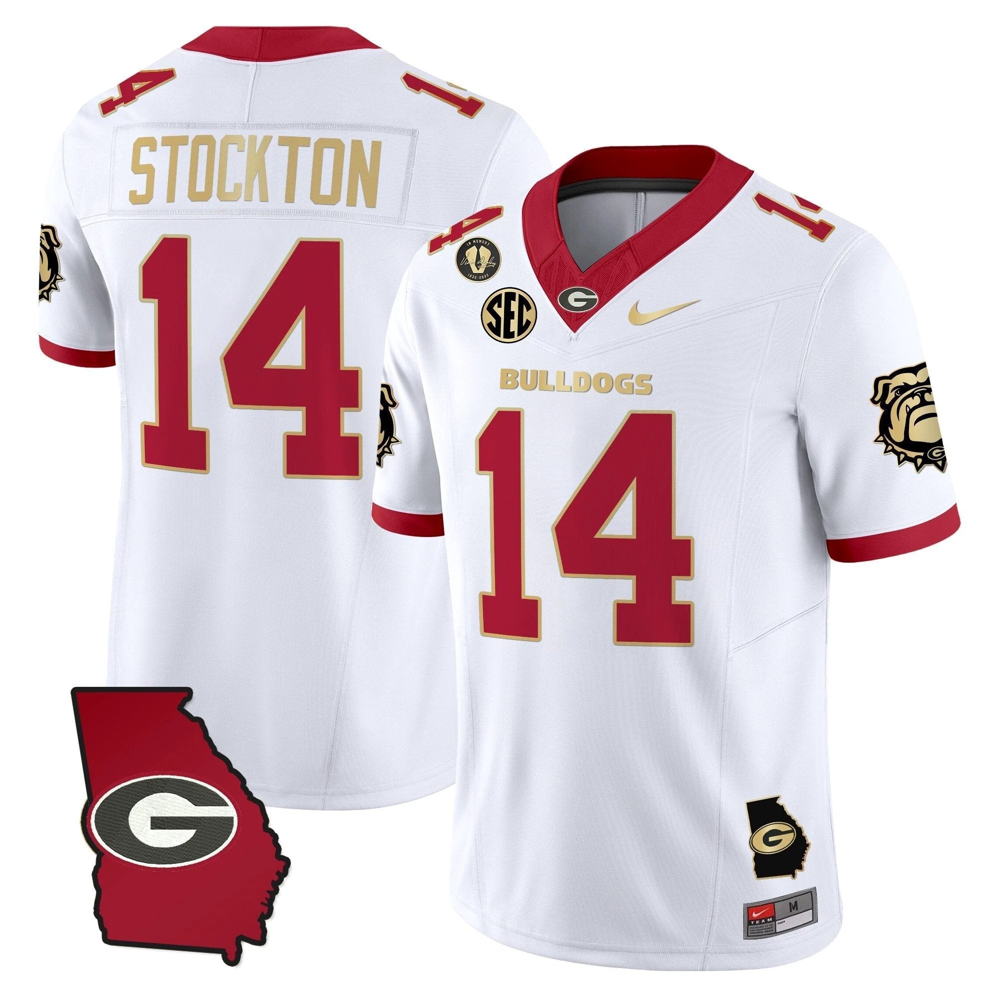 Gunner Stockton Jersey #14 Georgia Bulldogs 2025 Georgia Map, Vince Dooley Stitched White Gold Trim by My Store