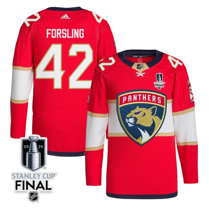 Gustav Forsling 42 Florida Panthers 2025 STANLEY CUP Final Patch Home Men Jersey Red by Hockey David