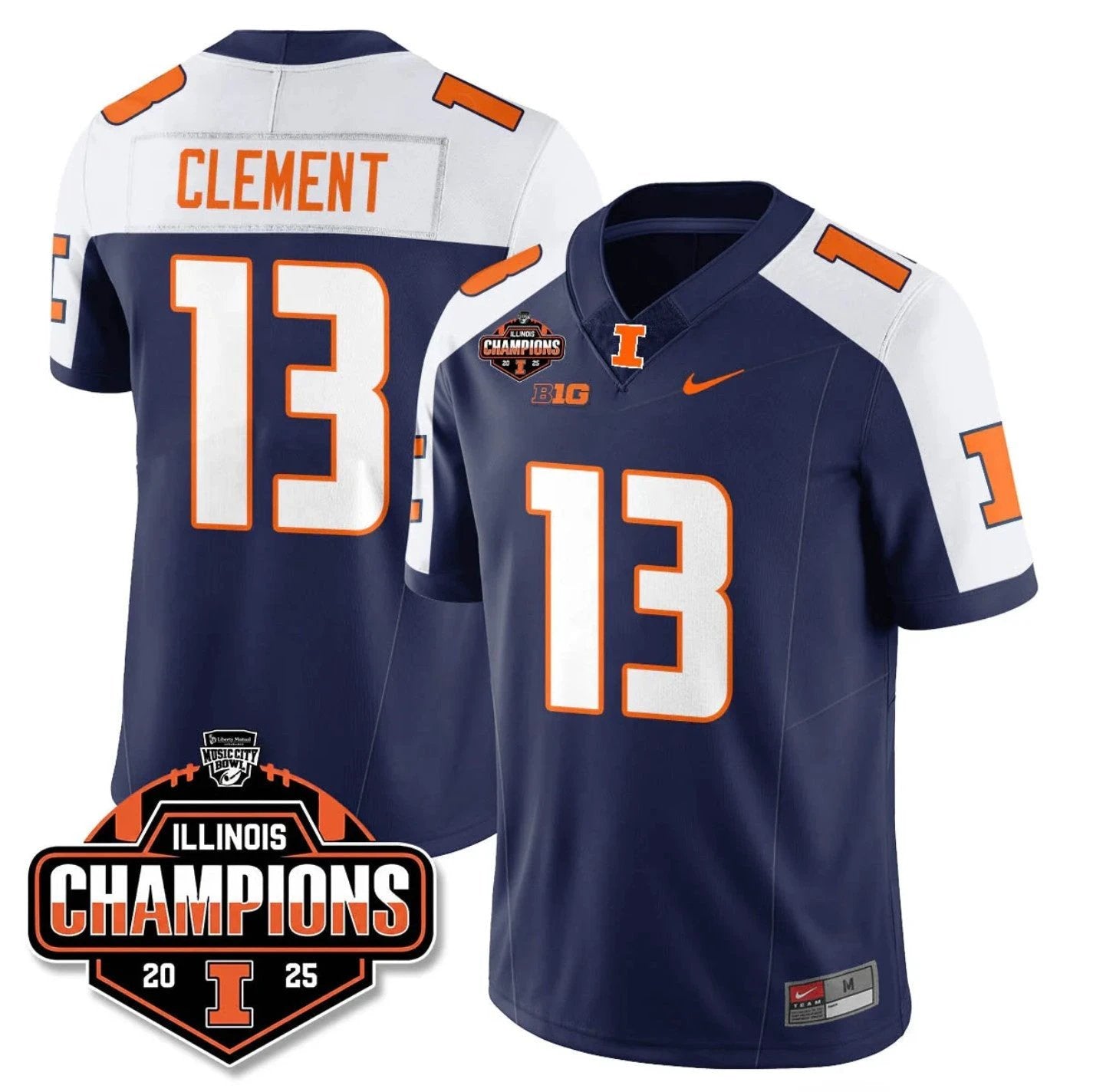 Hudson Clement Jersey #13 Illinois Fighting 2025 Music City Bowl Champions Navy Alternate by NCAA Football Jersey