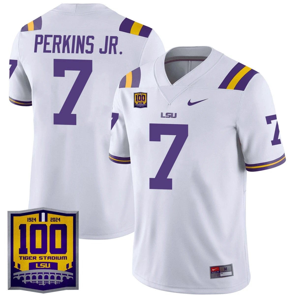Harold Perkins Jr Jersey #7 LSU Tigers 100 Years of Tiger Stadium Patch White by NCAA Football Jersey