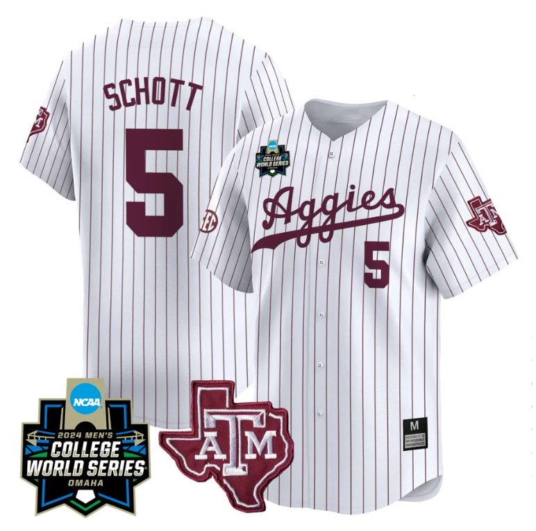 Hayden Schott Jersey #5 Texas AM Aggies 2024 College World Series Vapor Premier Limited NCAA Baseball Stitched White Pinstripe by My Store