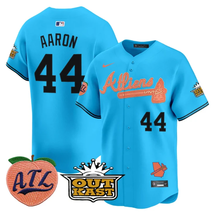 Hank Aaron Jersey #44 Atlanta Braves Atliens Peach Vapor Premier Limited Stitched Light Blue by My Store