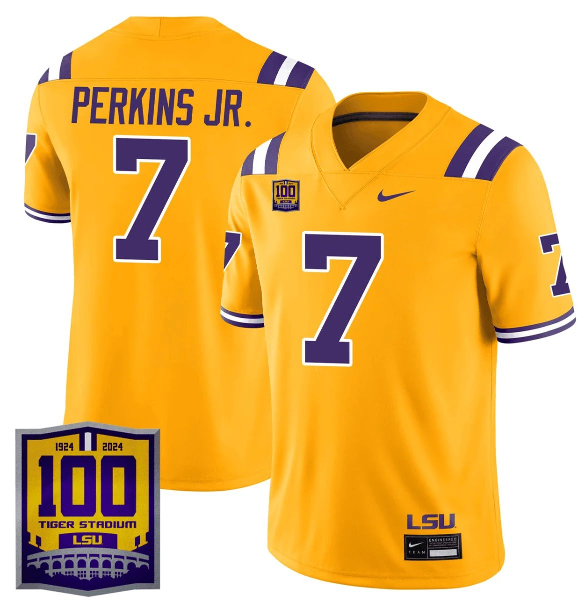 Harold Perkins Jr Jersey #7 LSU Tigers 100 Years of Tiger Stadium Patch Gold by NCAA Football Jersey