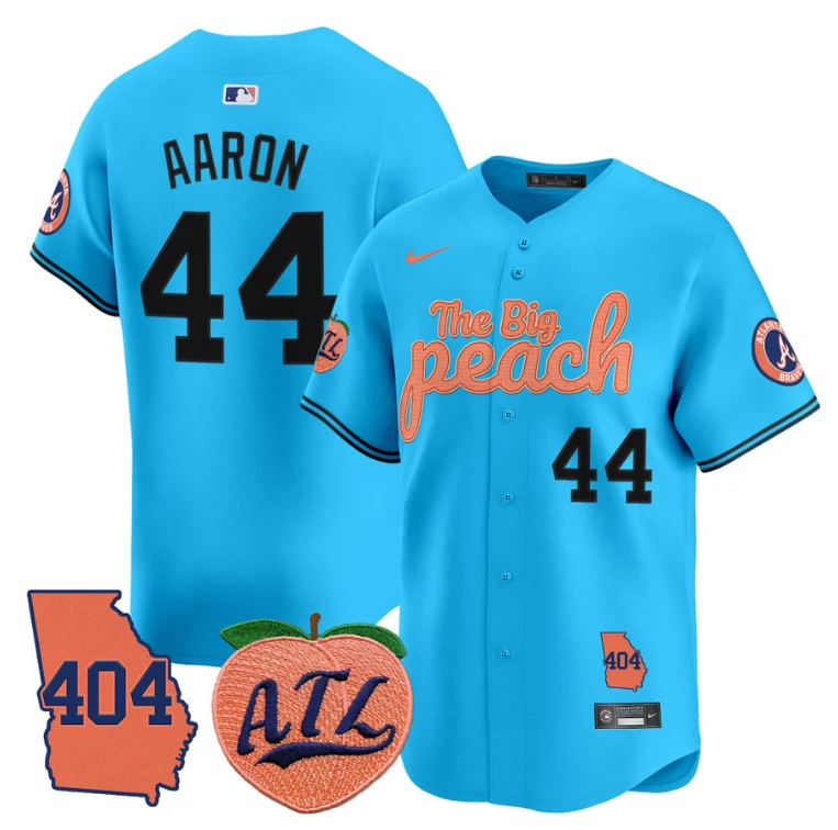 Hank Aaron Jersey #44 Atlanta Braves 404 & The Big Peach Premier Limited Stitched Light Blue by My Store