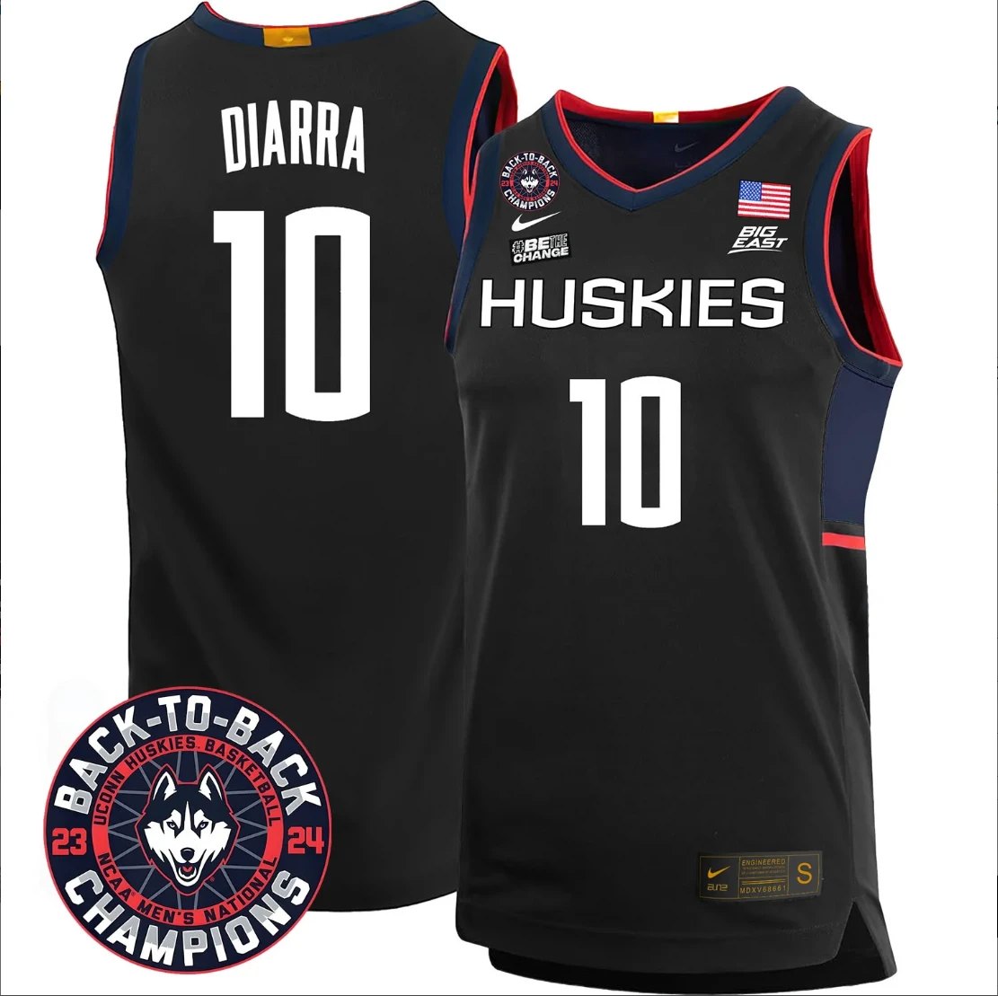 Hassan Diarra Jersey #10 UConn Huskies Basketball 2024 Back To Back Champions Patch Black by My store basketball