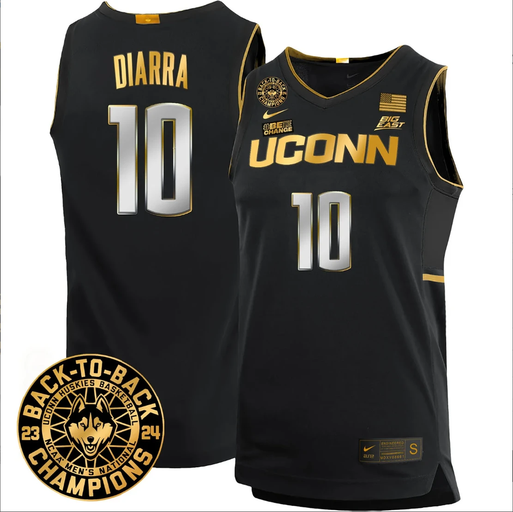 Hassan Diarra Jersey #10 UConn Huskies Basketball 2024 Back To Back Champions Patch Black Gold by My store basketball