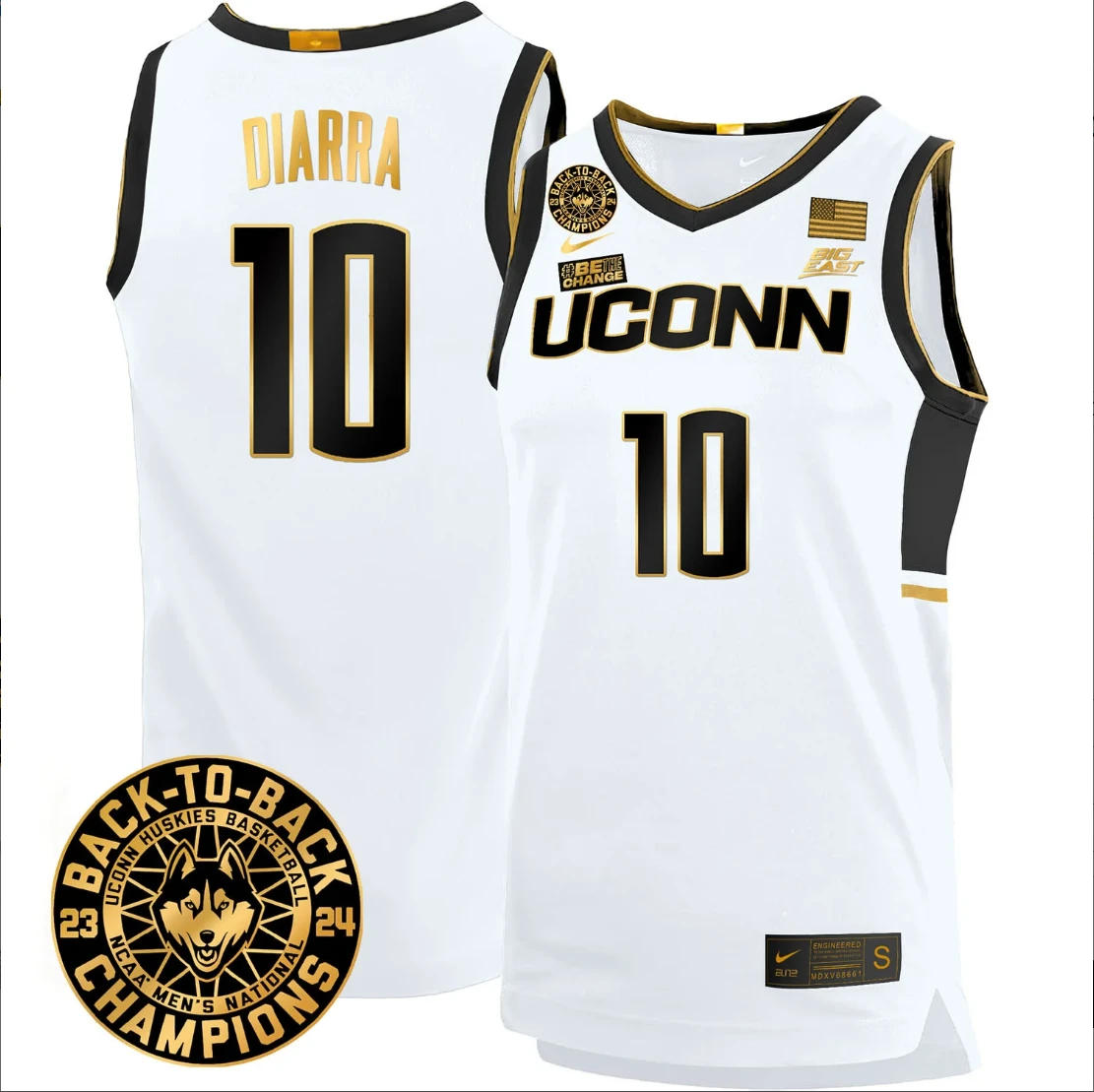 Hassan Diarra Jersey #10 UConn Huskies Basketball 2024 Back To Back Champions Patch Navy (Copy) by My store basketball