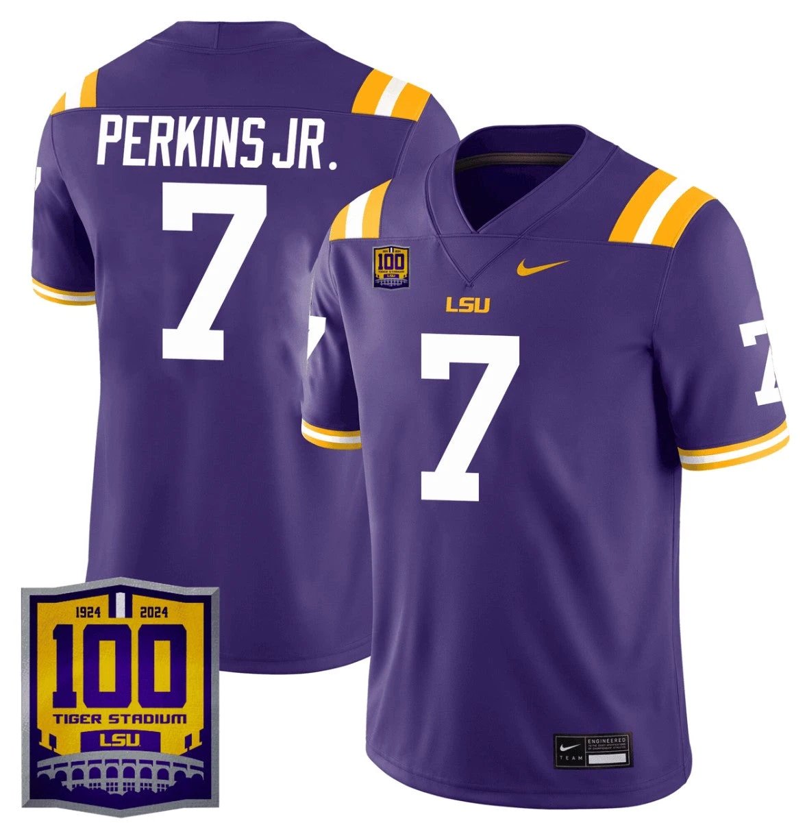 Harold Perkins Jr Jersey #7 LSU Tigers 100 Years of Tiger Stadium Patch Purple by NCAA Football Jersey