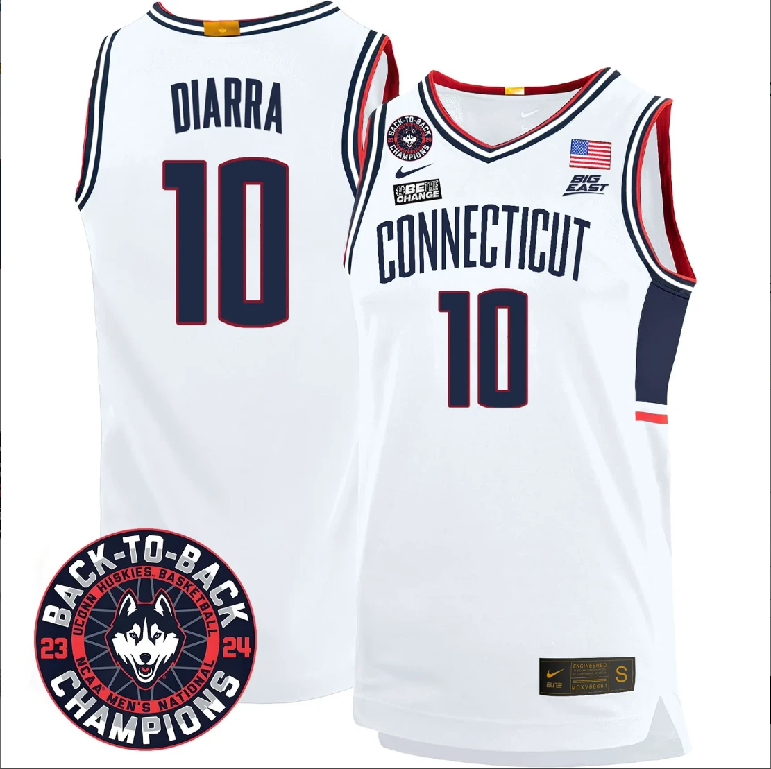 Hassan Diarra Jersey #10 UConn Huskies Basketball 2024 Back To Back Champions Patch White by My store basketball