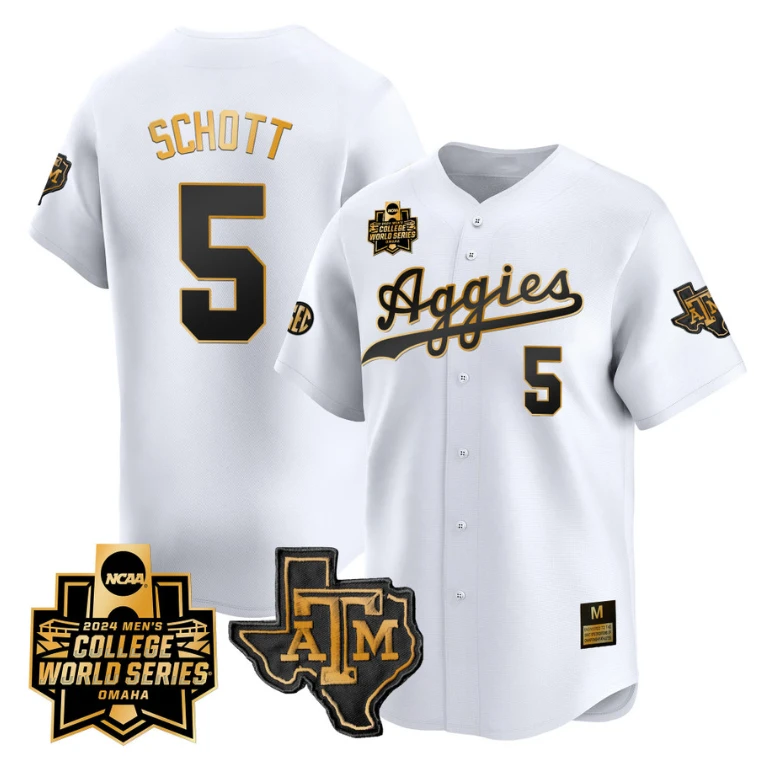 Hayden Schott Jersey #5 Texas AM Aggies 2024 College World Series Vapor Premier Limited NCAA Baseball Stitched White Gold by My Store