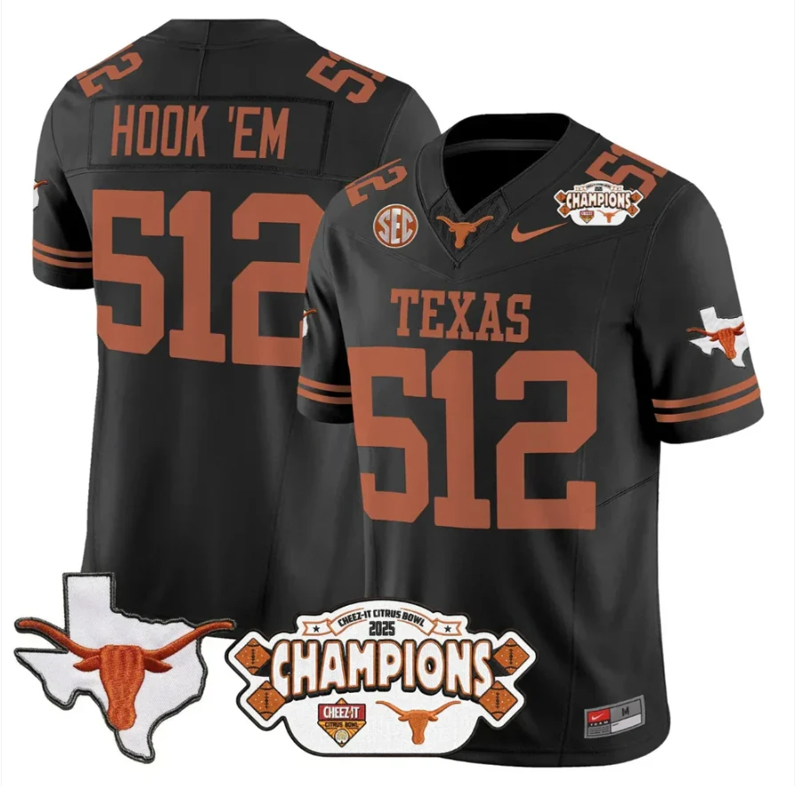 Hook 'Em Jersey #512 Texas 2025 State Map Citrus Bowl Champions Stitched Black by NCAA Football Jersey